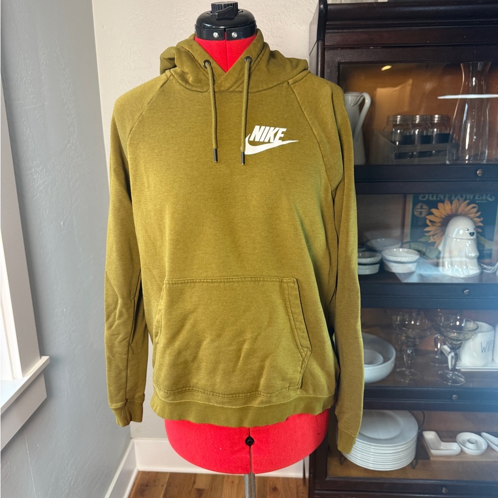 Nike Logo Olive Green Front Pocket Pullover Hoodie Sweatshirt Size M